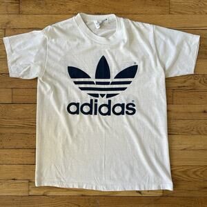Vintage 80s Adidas Trefoil Logo T Shirt White Blue Size M Paper Thin Distressed